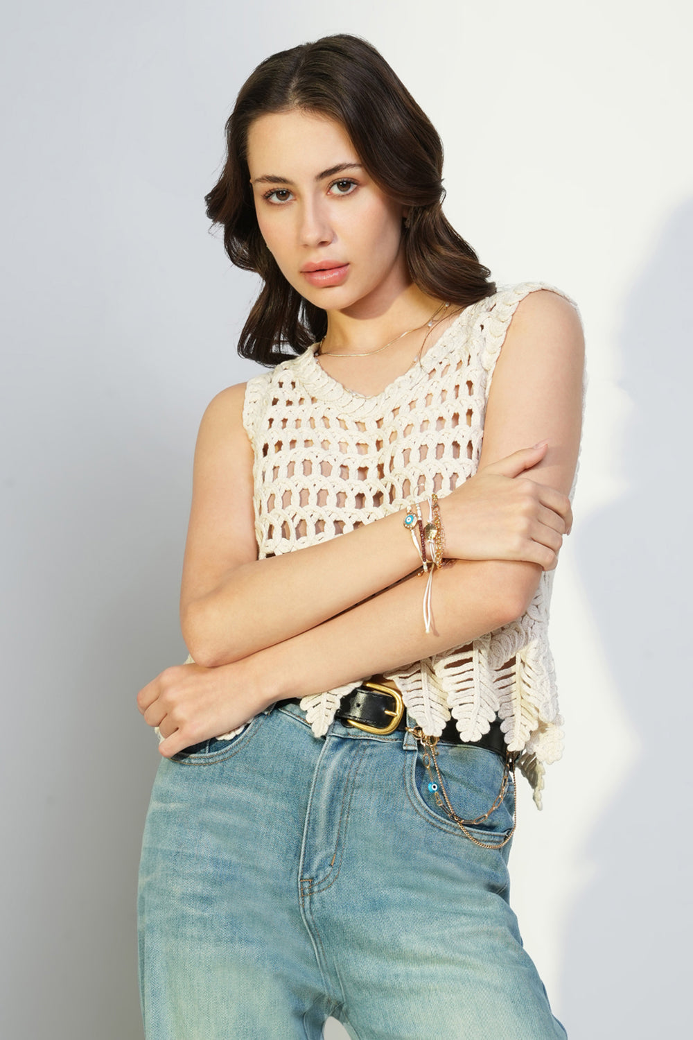 Women Cream Solid Crochet Crop Top