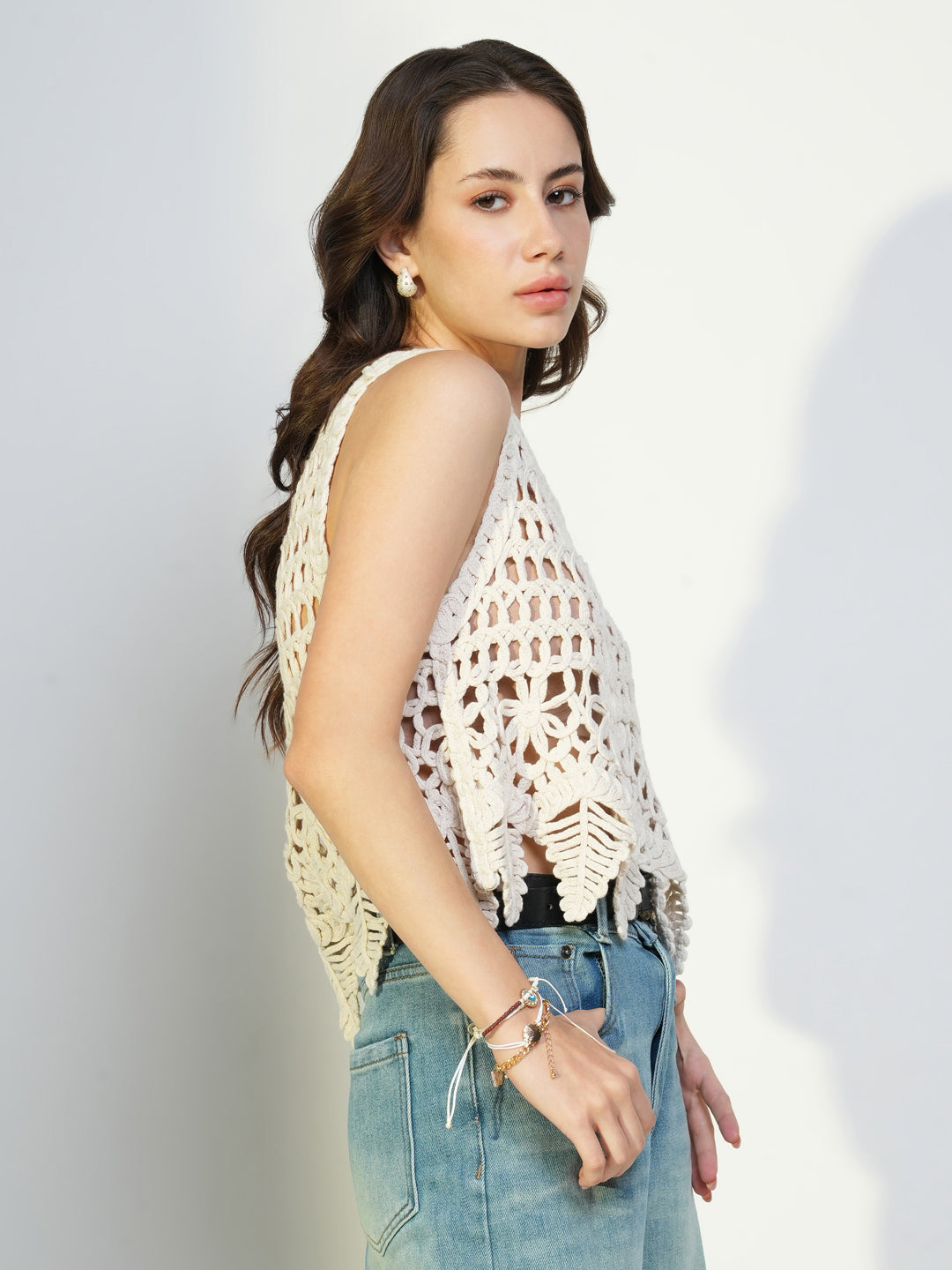 Women Cream Solid Crochet Crop Top