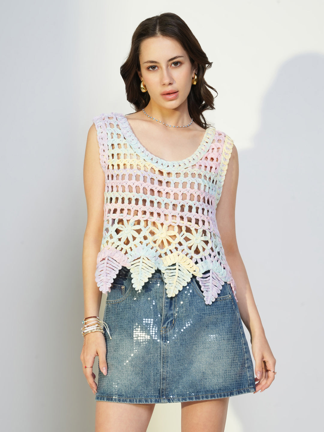 Women Blue Solid Crochet Crop Top