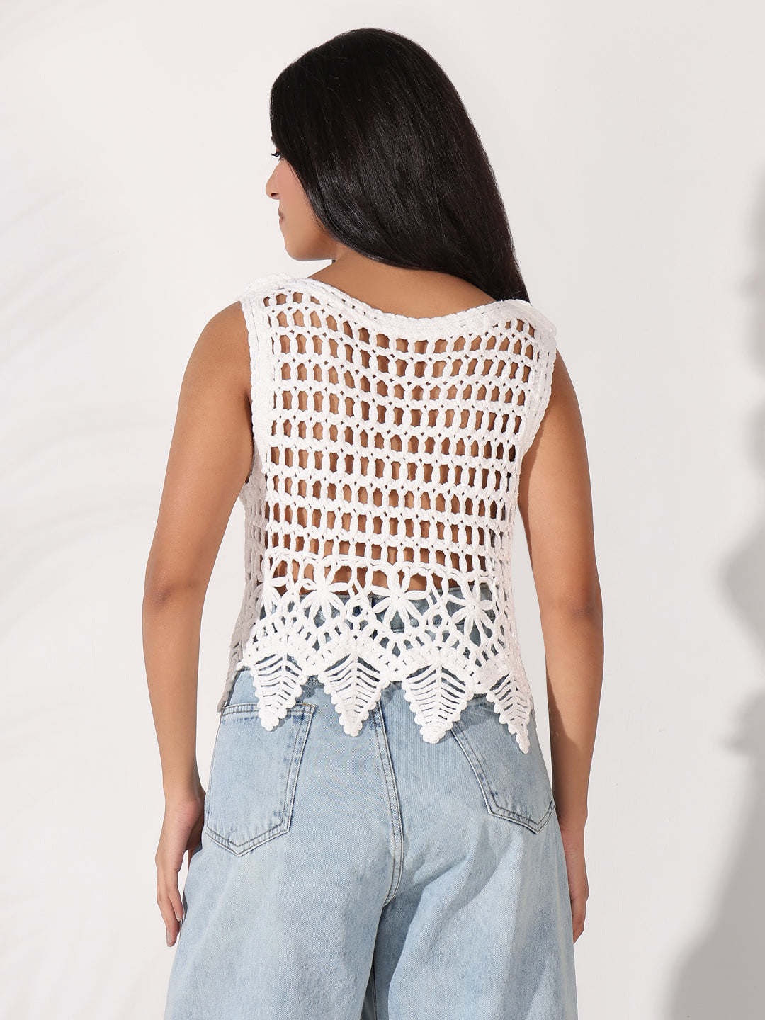 Women White Solid Crochet Crop Top