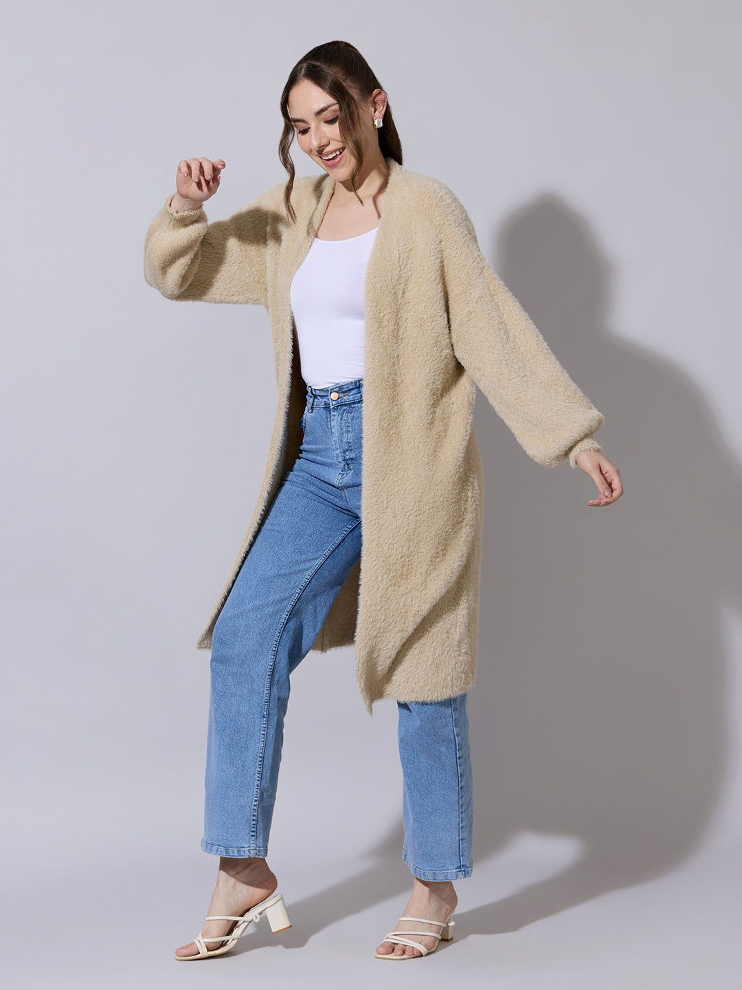 Women's Textured Beige Long Open Front Shrug