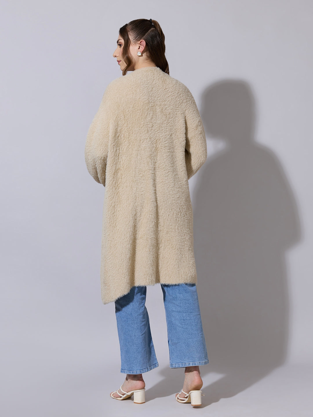 Women's Textured Beige Long Open Front Shrug