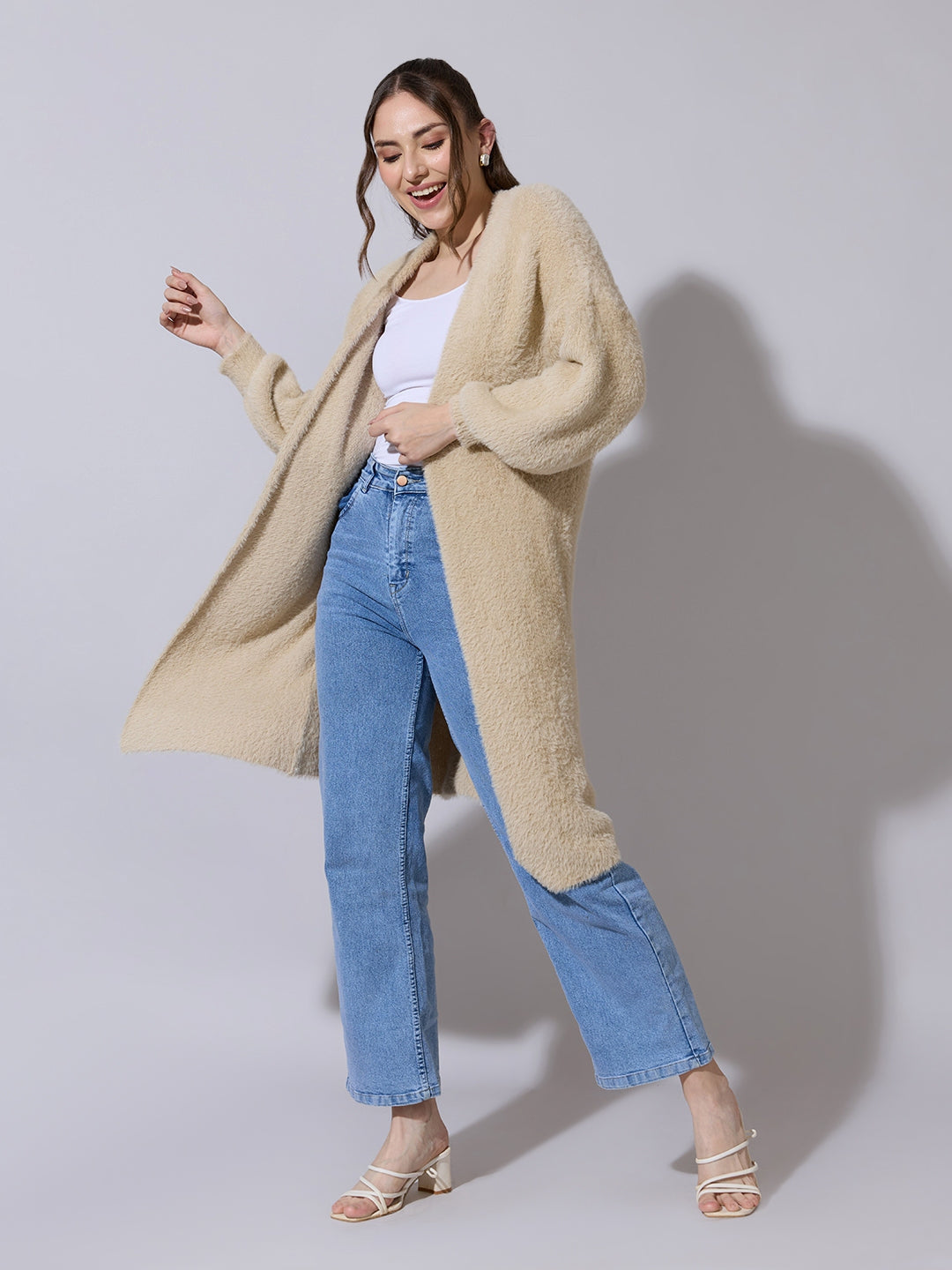 Women's Textured Beige Long Open Front Shrug