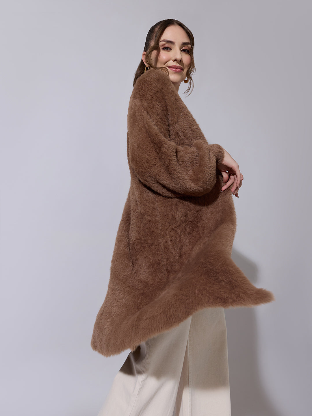 Women's Textured Brown Long Open Front Shrug