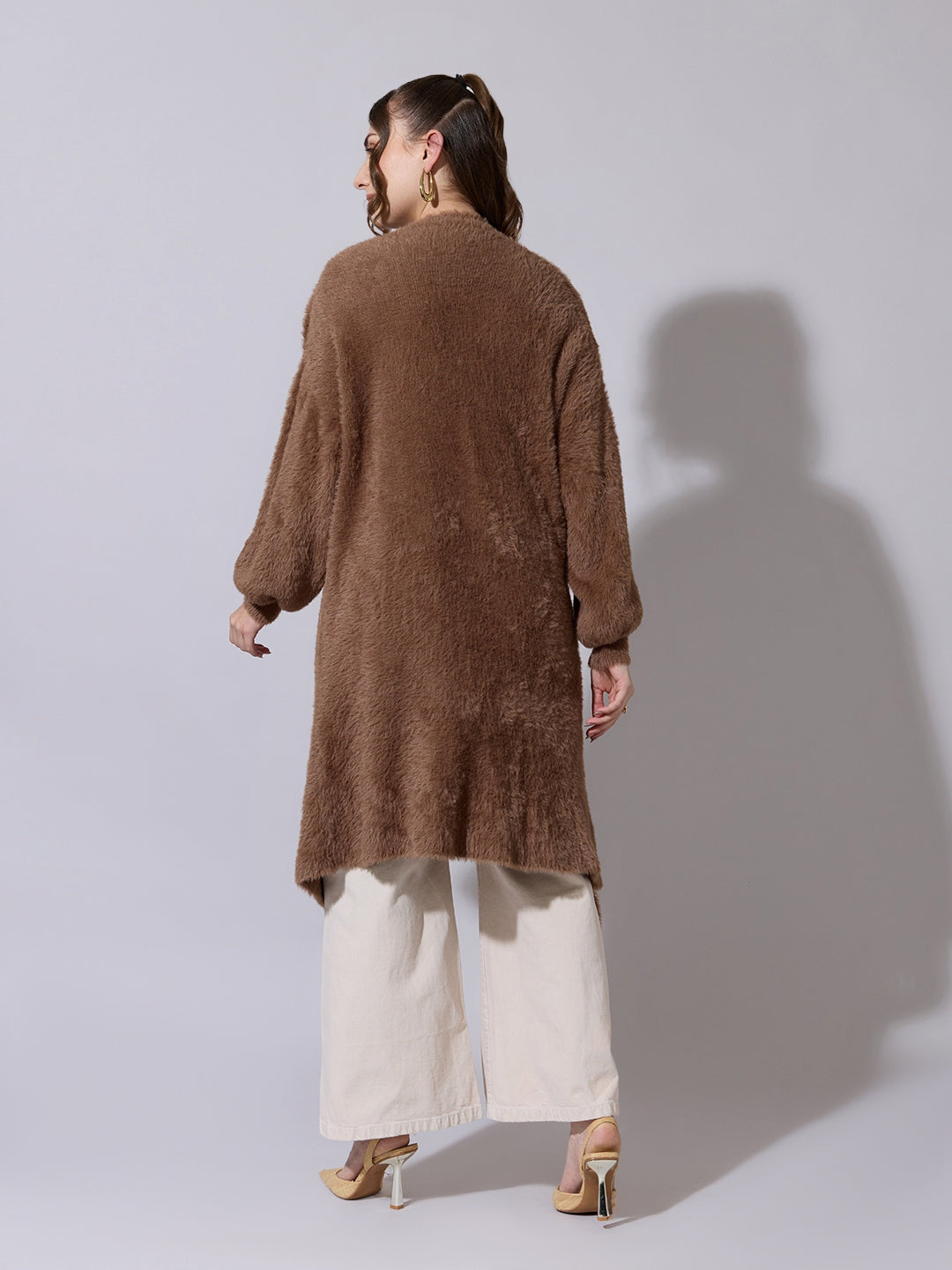 Women's Textured Brown Long Open Front Shrug