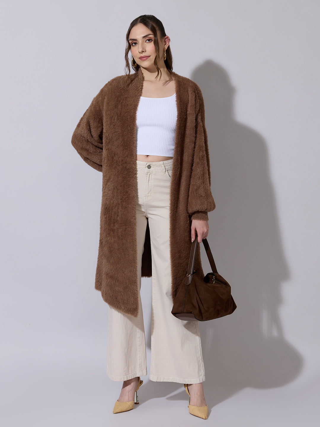 Women's Textured Brown Long Open Front Shrug