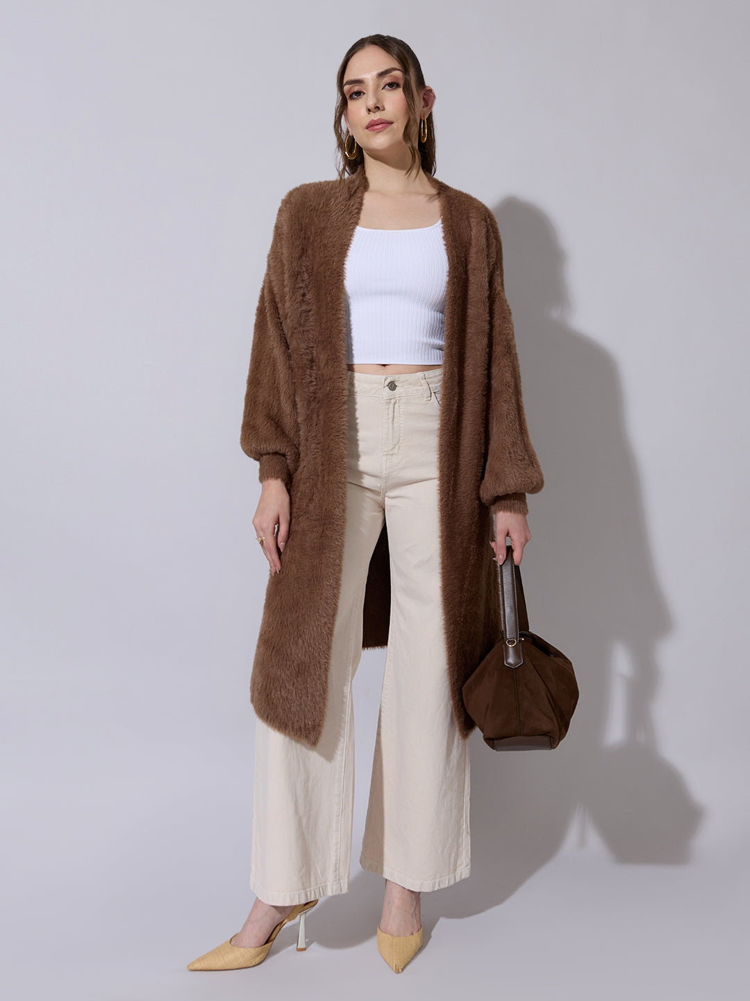 Women's Textured Brown Long Open Front Shrug