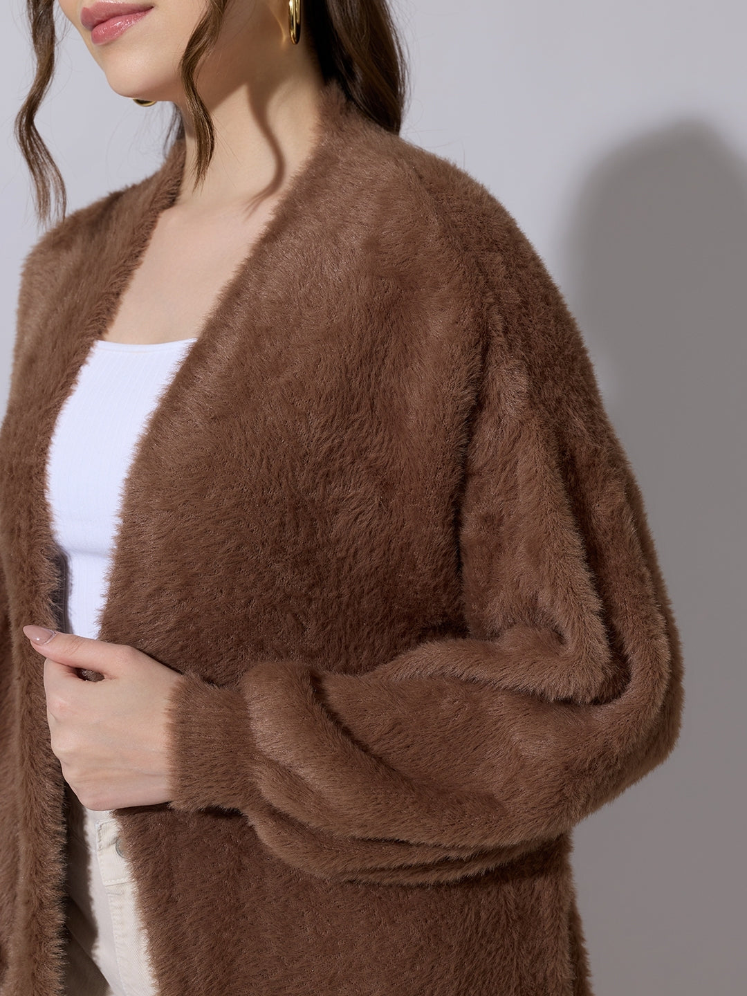 Women's Textured Brown Long Open Front Shrug