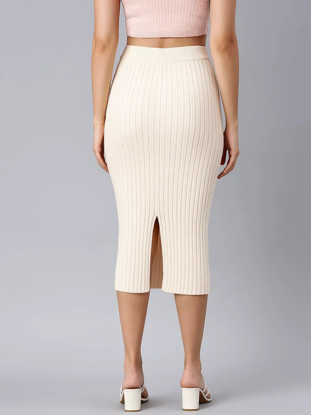 Women's Textured Cream Pencil Midi Skirt with Back Slit - from SHOWOFFFF
