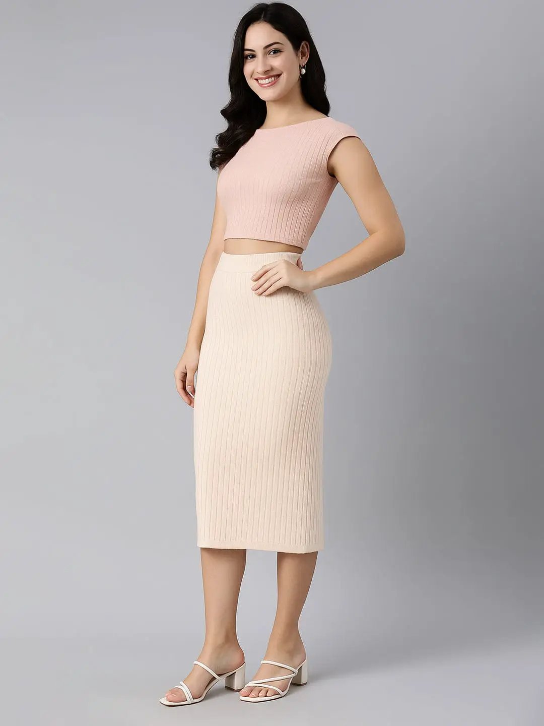 Women's Textured Cream Pencil Midi Skirt with Back Slit - from SHOWOFFFF