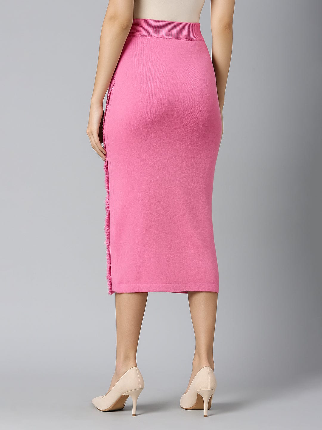Women's Pink Straight Midi Skirt with Front Slit