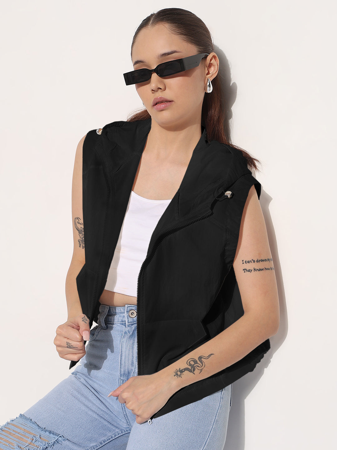 Women's Black Sleeveless Hooded Bomber Jacket