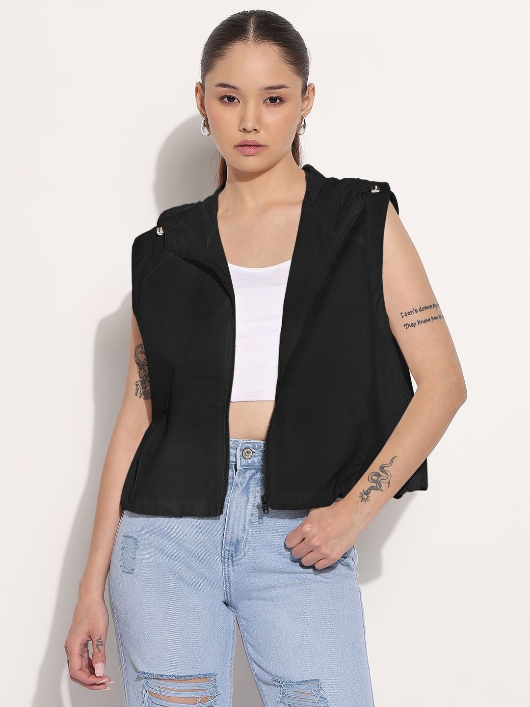 Women's Black Sleeveless Hooded Bomber Jacket