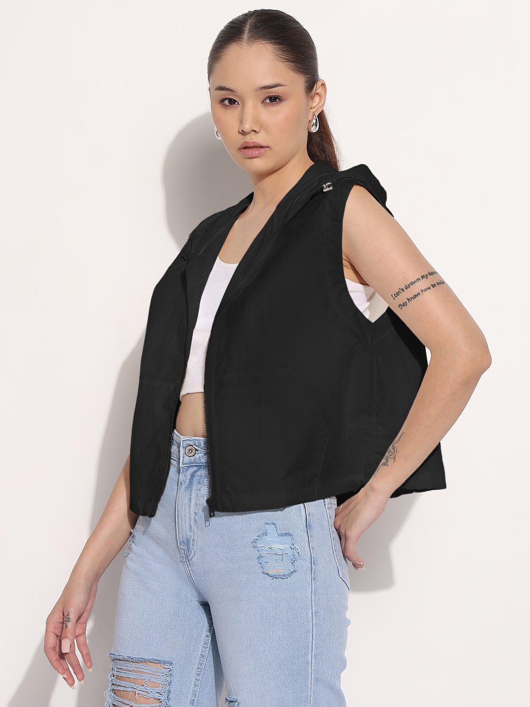 Women's Black Sleeveless Hooded Bomber Jacket