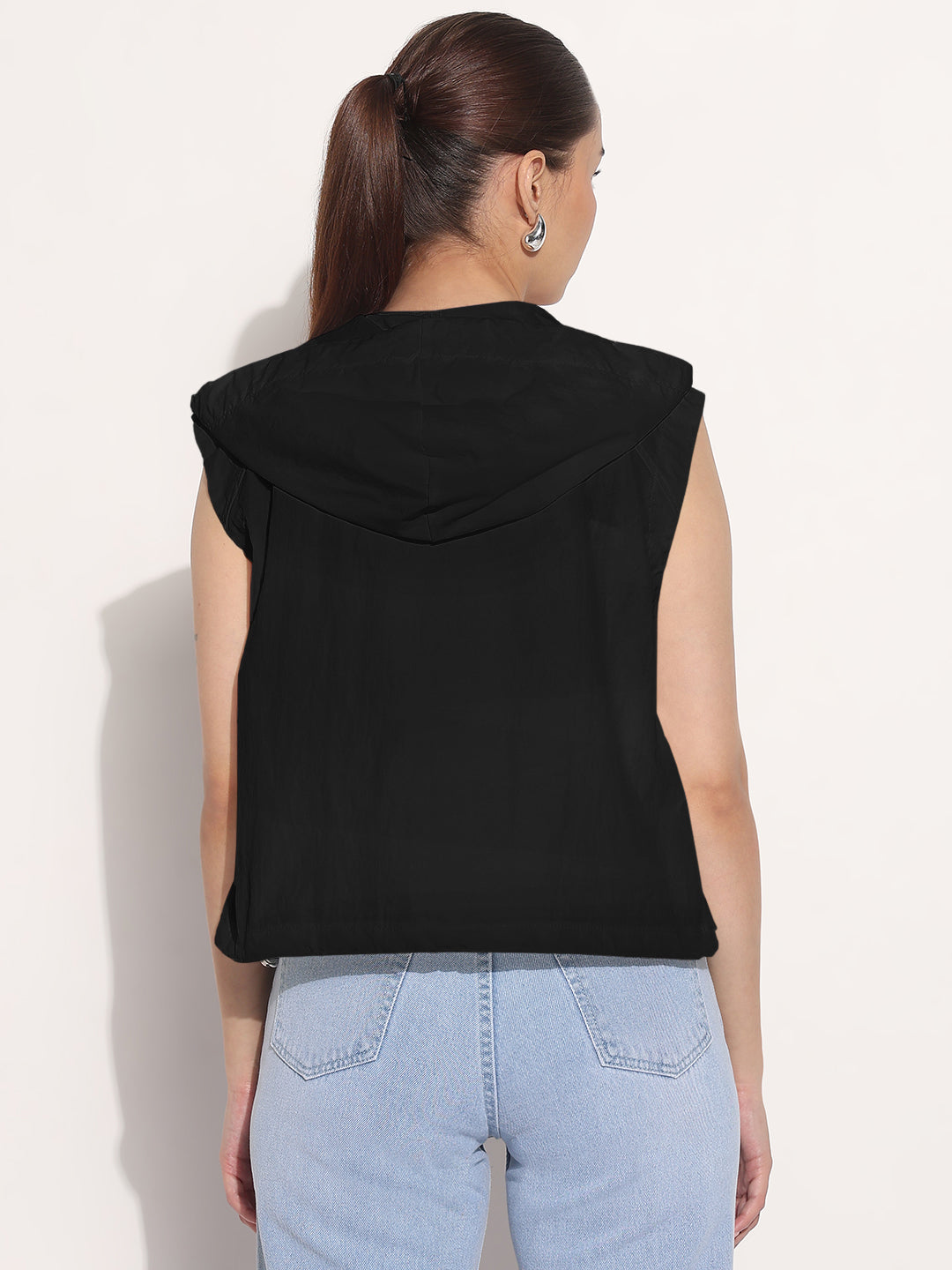 Women's Black Sleeveless Hooded Bomber Jacket
