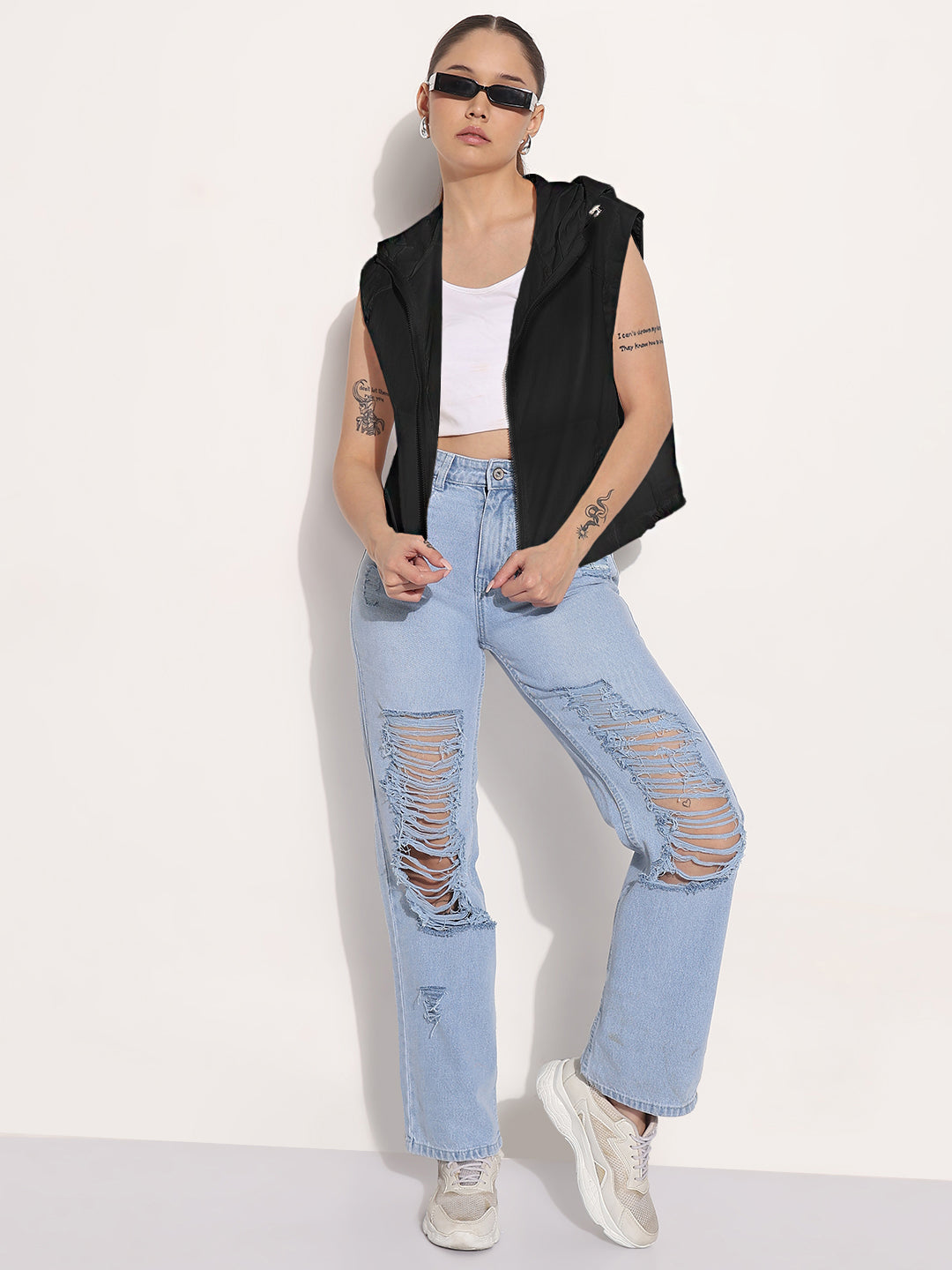 Women's Black Sleeveless Hooded Bomber Jacket