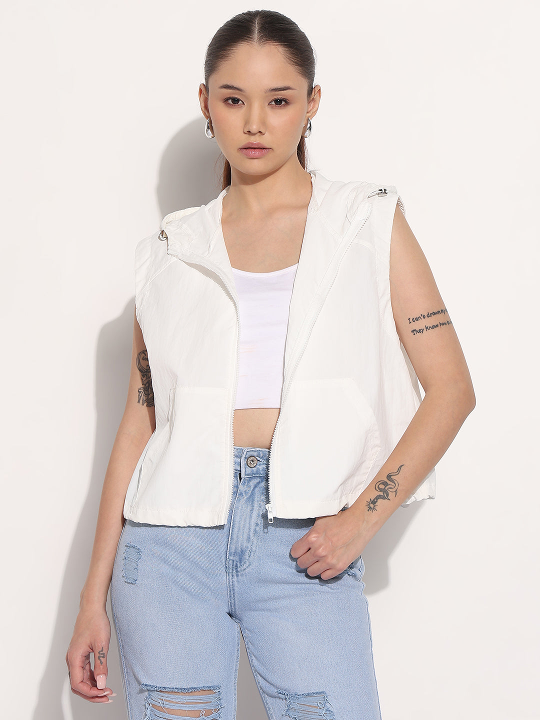 Buy Women's White Hooded Sleeveless Bomber Jacket Online Showoffff