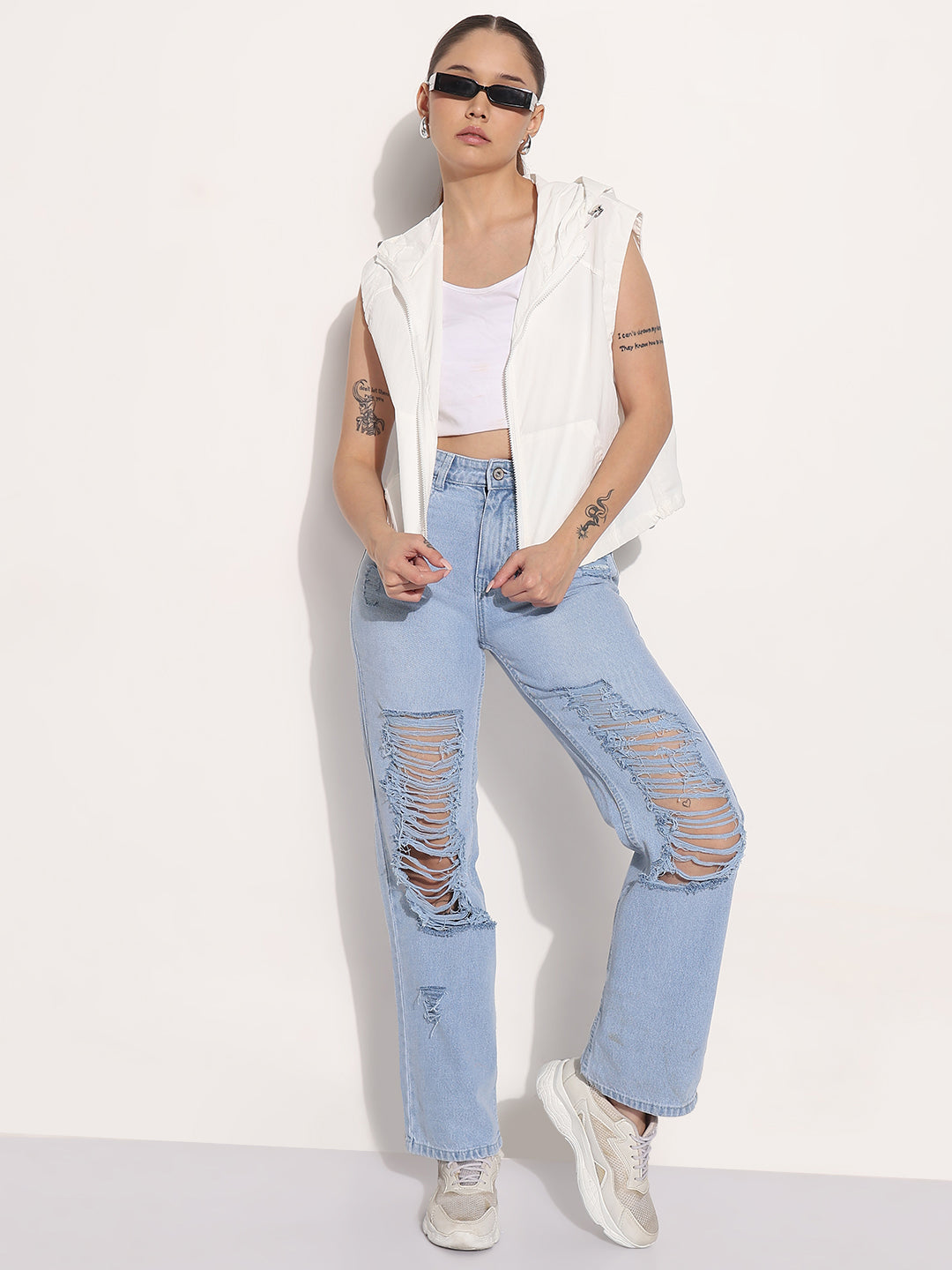 Women's White Hooded Sleeveless Bomber Jacket