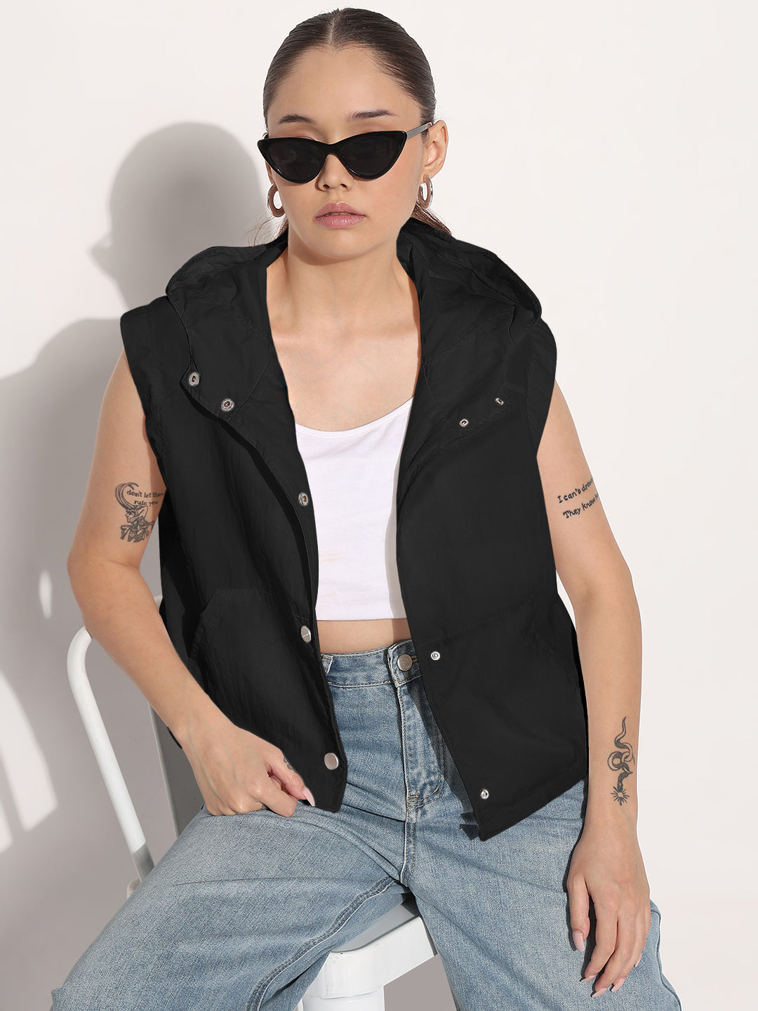 SHOWOFFFF Edition Women's Black Sleeveless Hooded Bomber Jacket