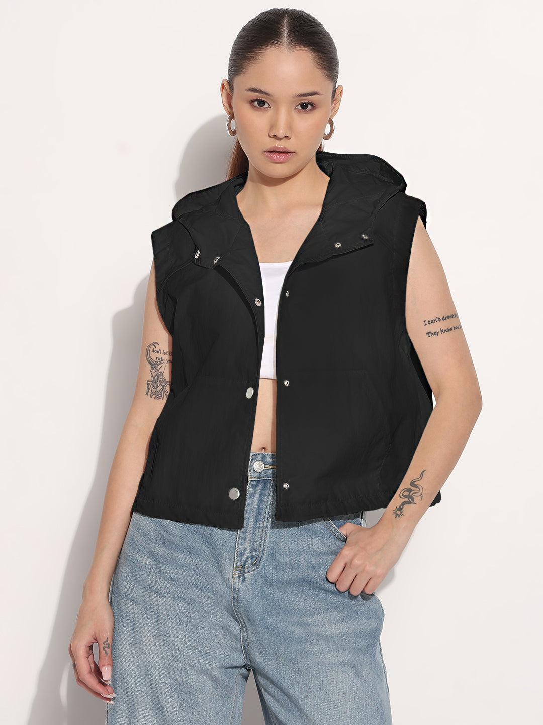 Women's Black Sleeveless Hooded Button Down Bomber Jacket