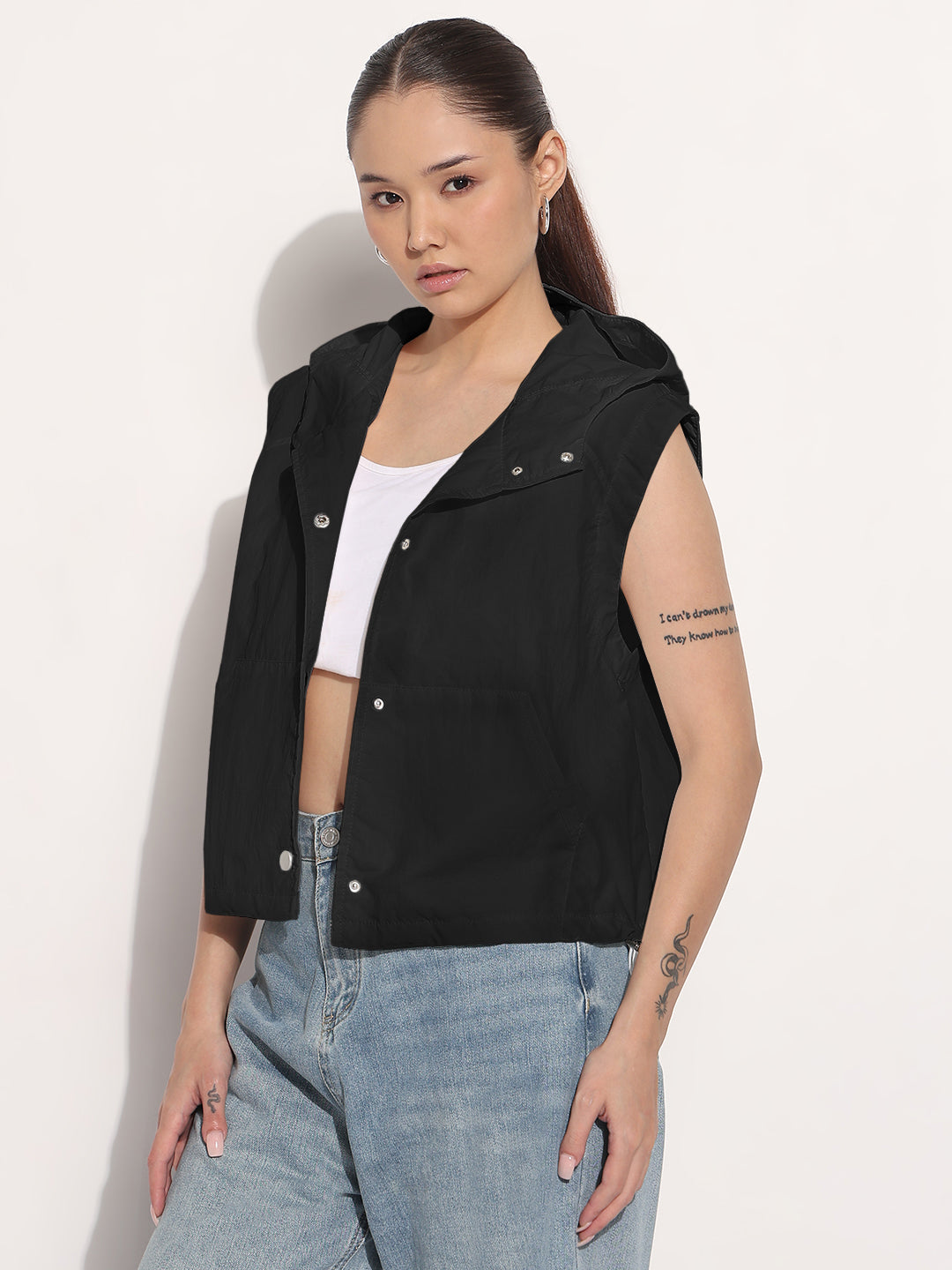 Women's Black Sleeveless Hooded Button Down Bomber Jacket
