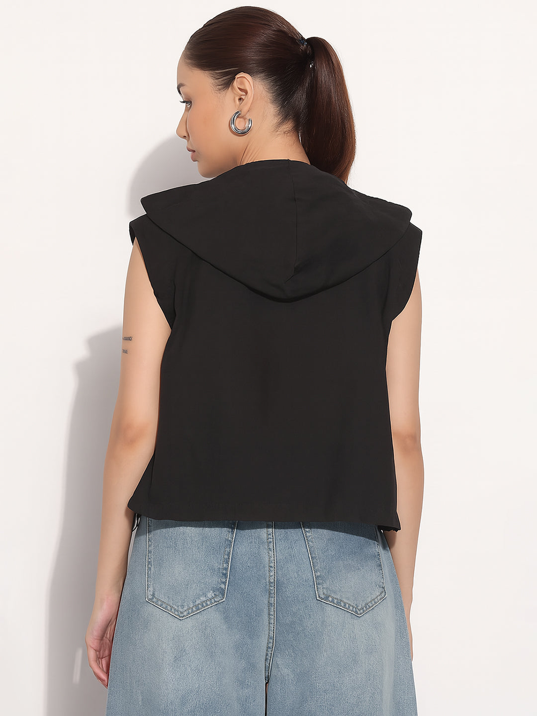 Women's Black Sleeveless Hooded Button Down Bomber Jacket