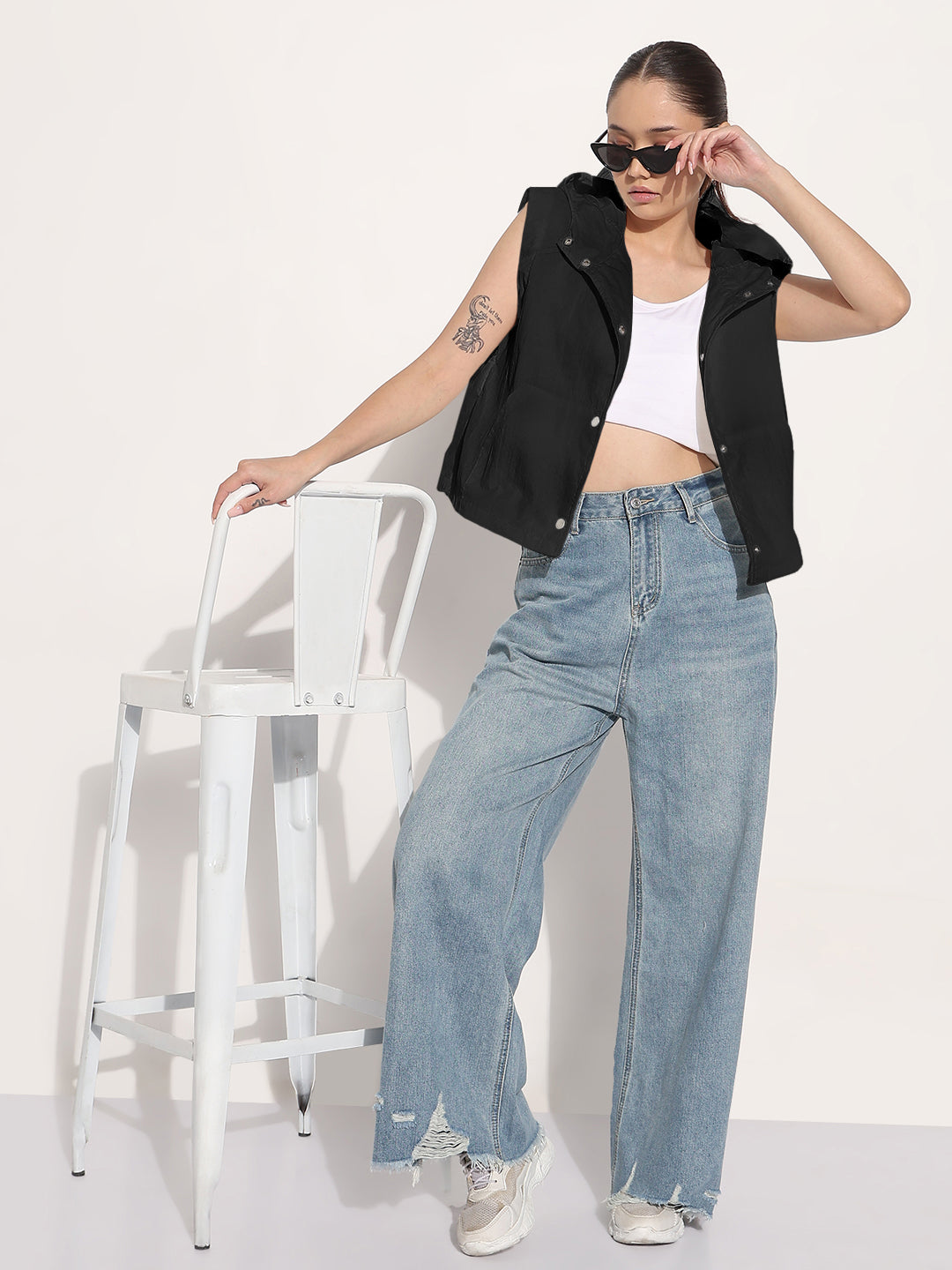 Women's Black Sleeveless Hooded Button Down Bomber Jacket