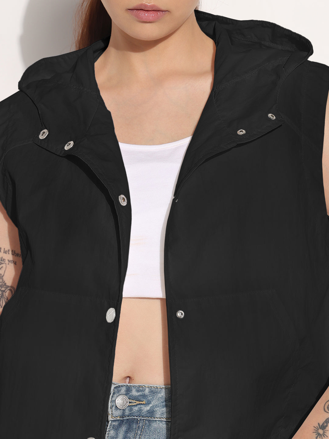 Women's Black Sleeveless Hooded Button Down Bomber Jacket