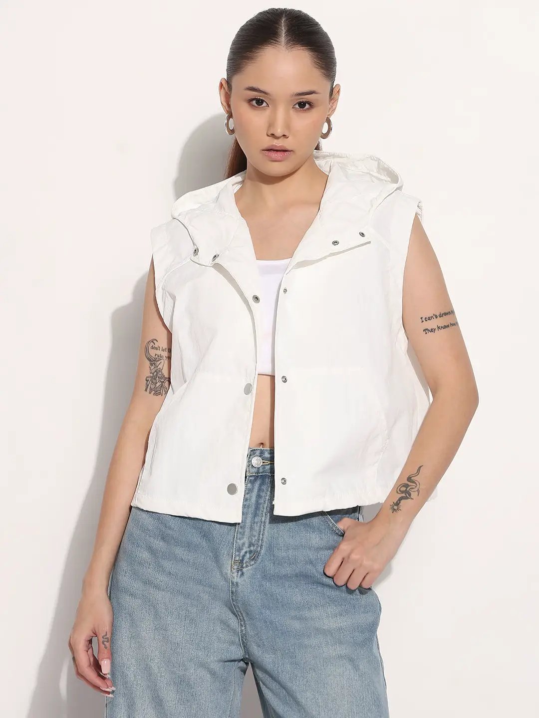 Buy Women's White Hooded Sleeveless Bomber Jacket Online | Showoffff
