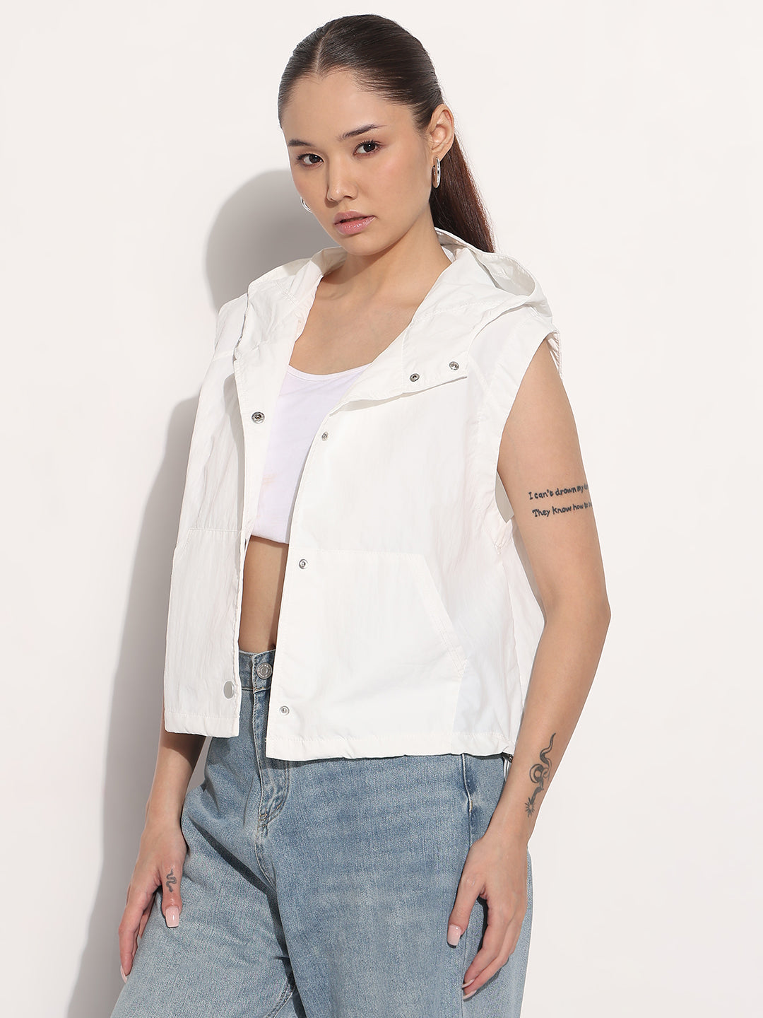 Women's White Hooded Sleeveless Button Down Bomber Jacket