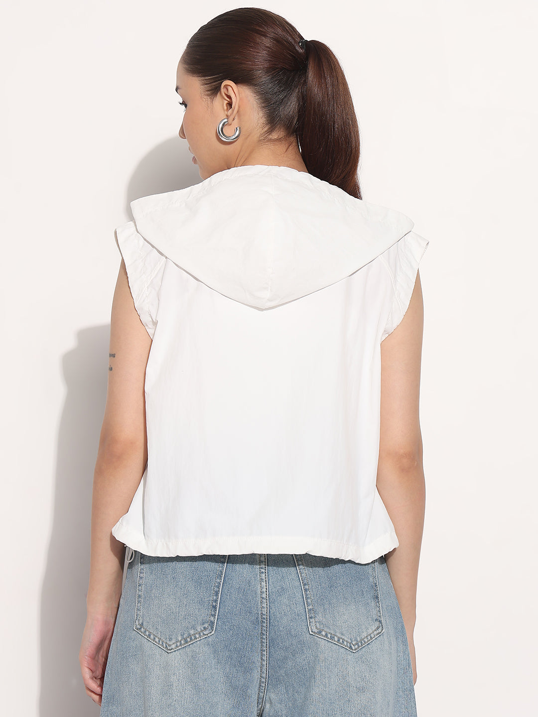 Women's White Hooded Sleeveless Button Down Bomber Jacket