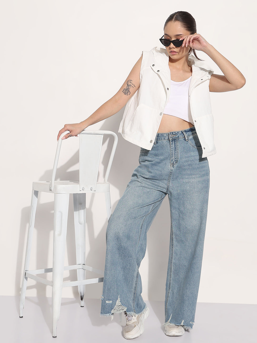 Women's White Hooded Sleeveless Button Down Bomber Jacket