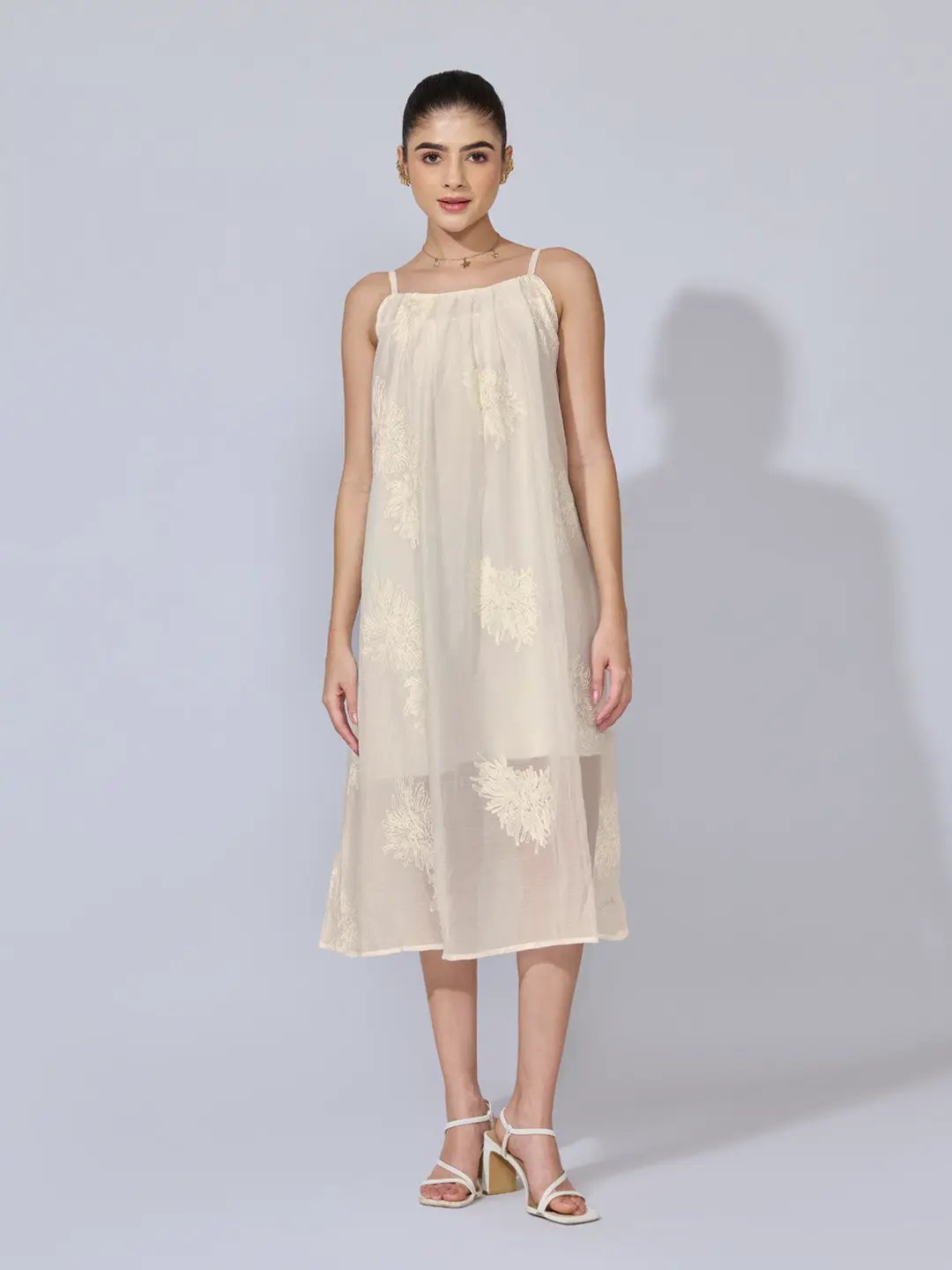 Women's Floral Embroidered Cream Midi Dress