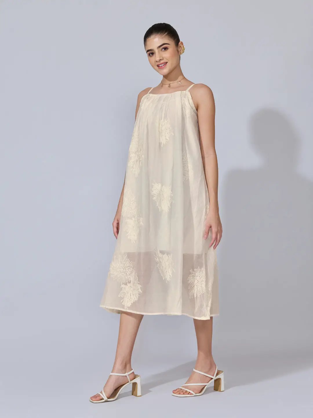 Women's Floral Embroidered Cream Midi Dress
