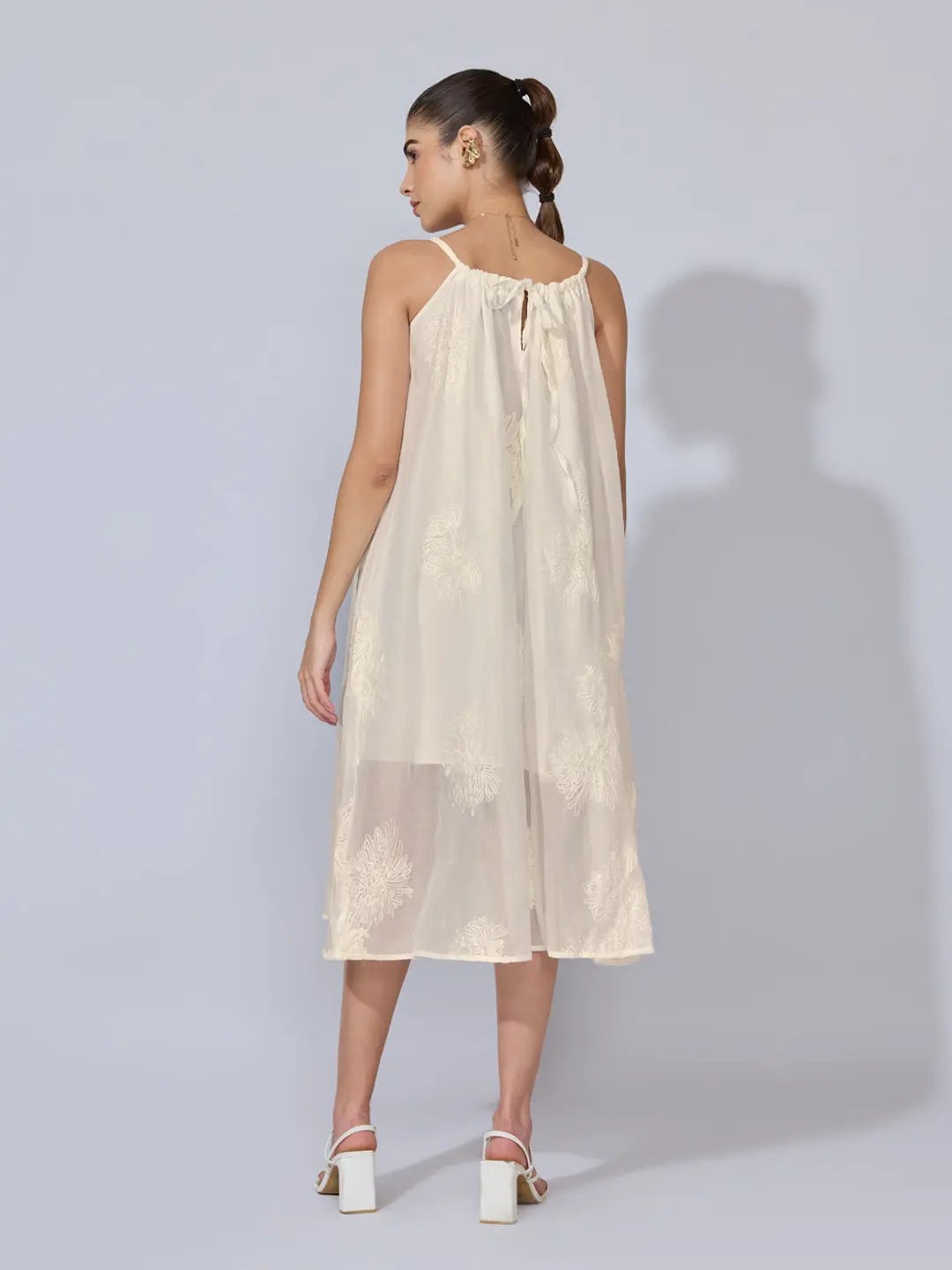 Women's Floral Embroidered Cream Midi Dress