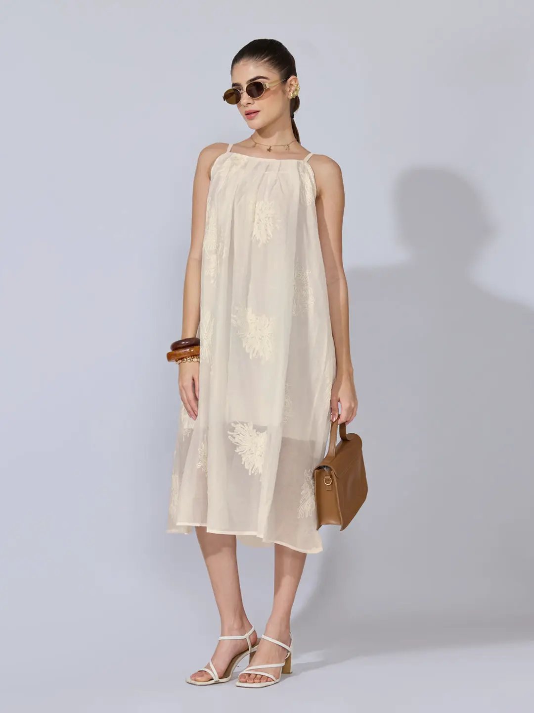 Women's Floral Embroidered Cream Midi Dress