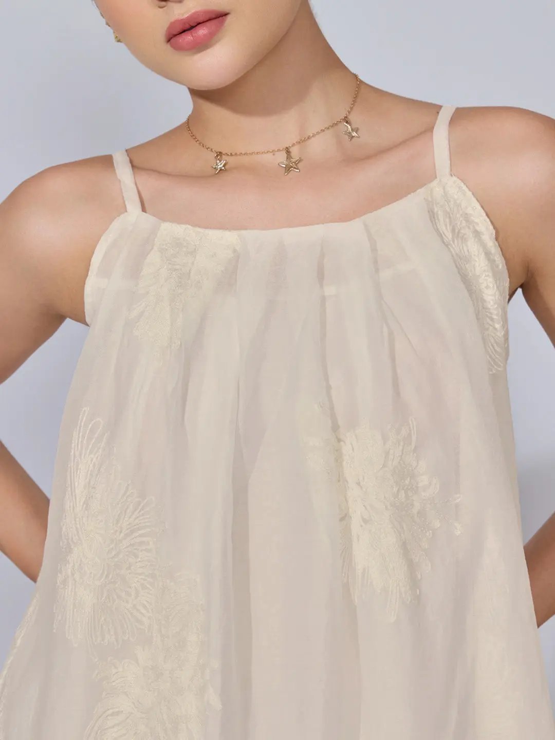 Women's Floral Embroidered Cream Midi Dress