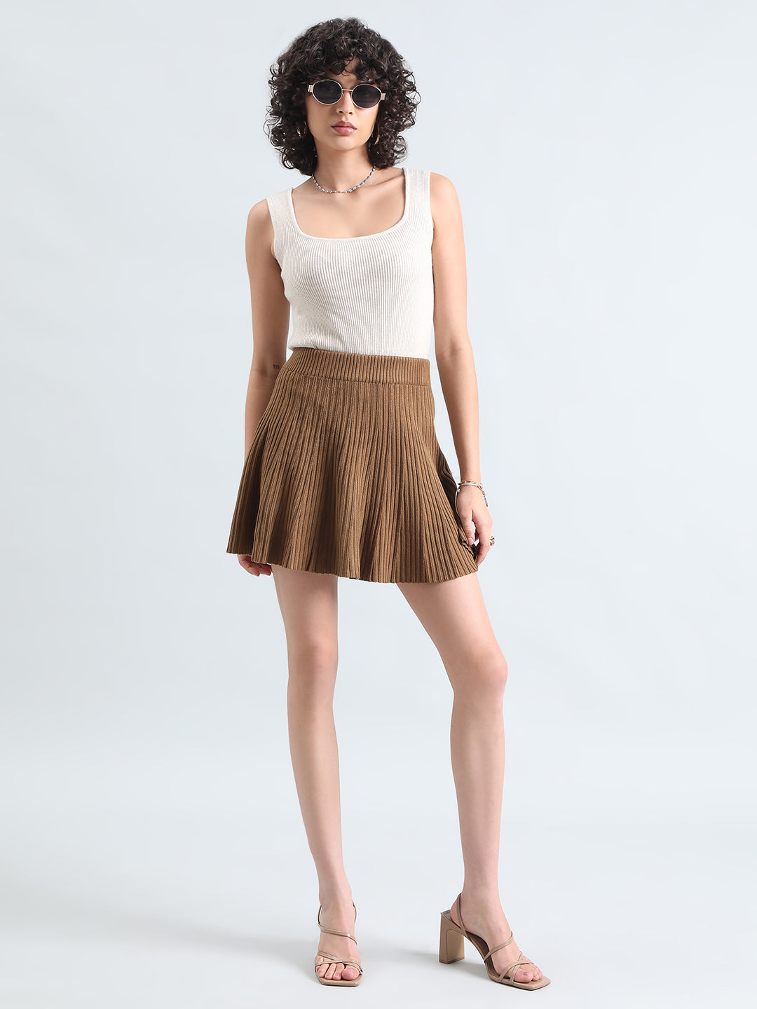 Women's Textured Brown Flared Mini Skirt