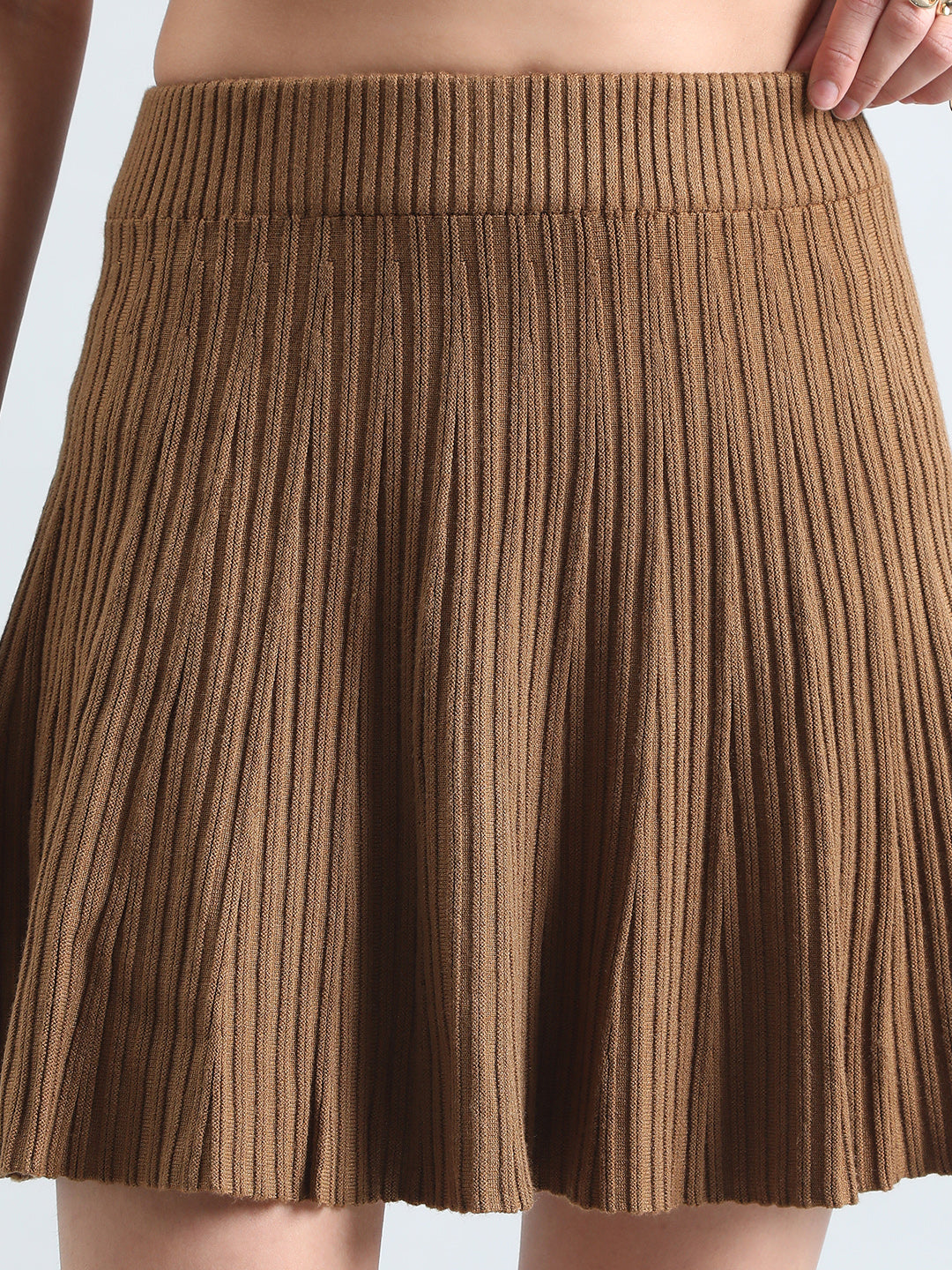 Women's Textured Brown Flared Mini Skirt