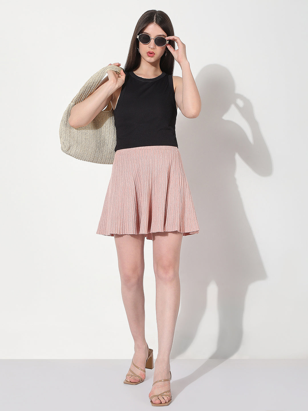 Women's Textured Pink Flared Mini Skirt
