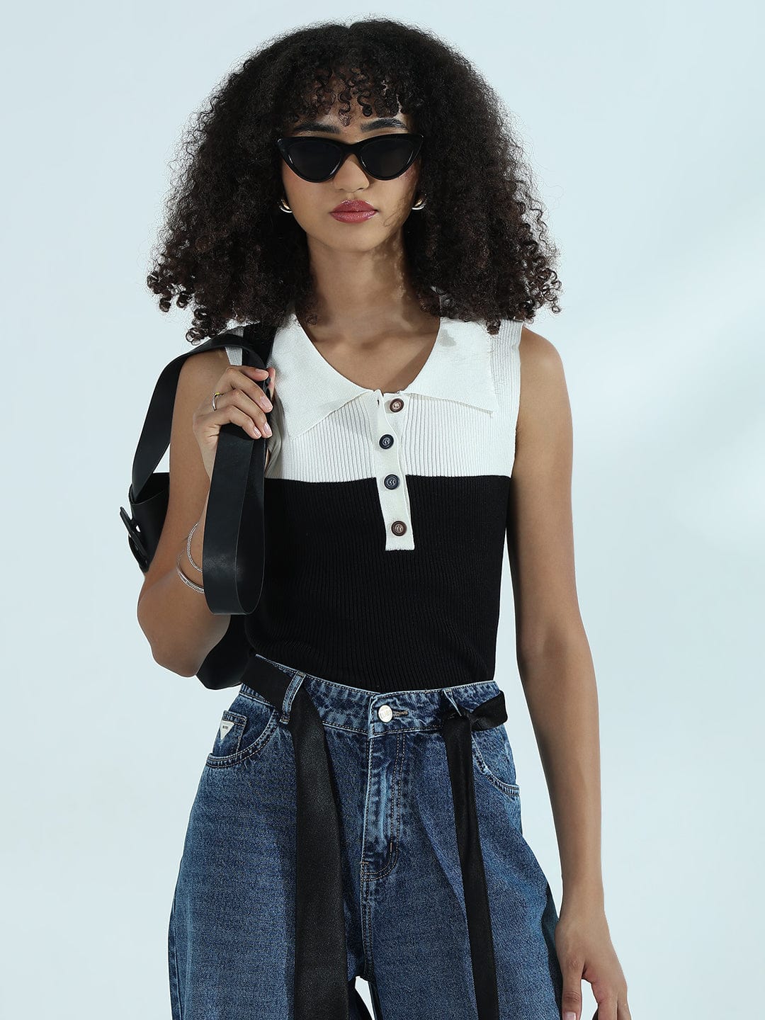 Women's Ribbed Colourblocked Black Vest Top with Spread Collar