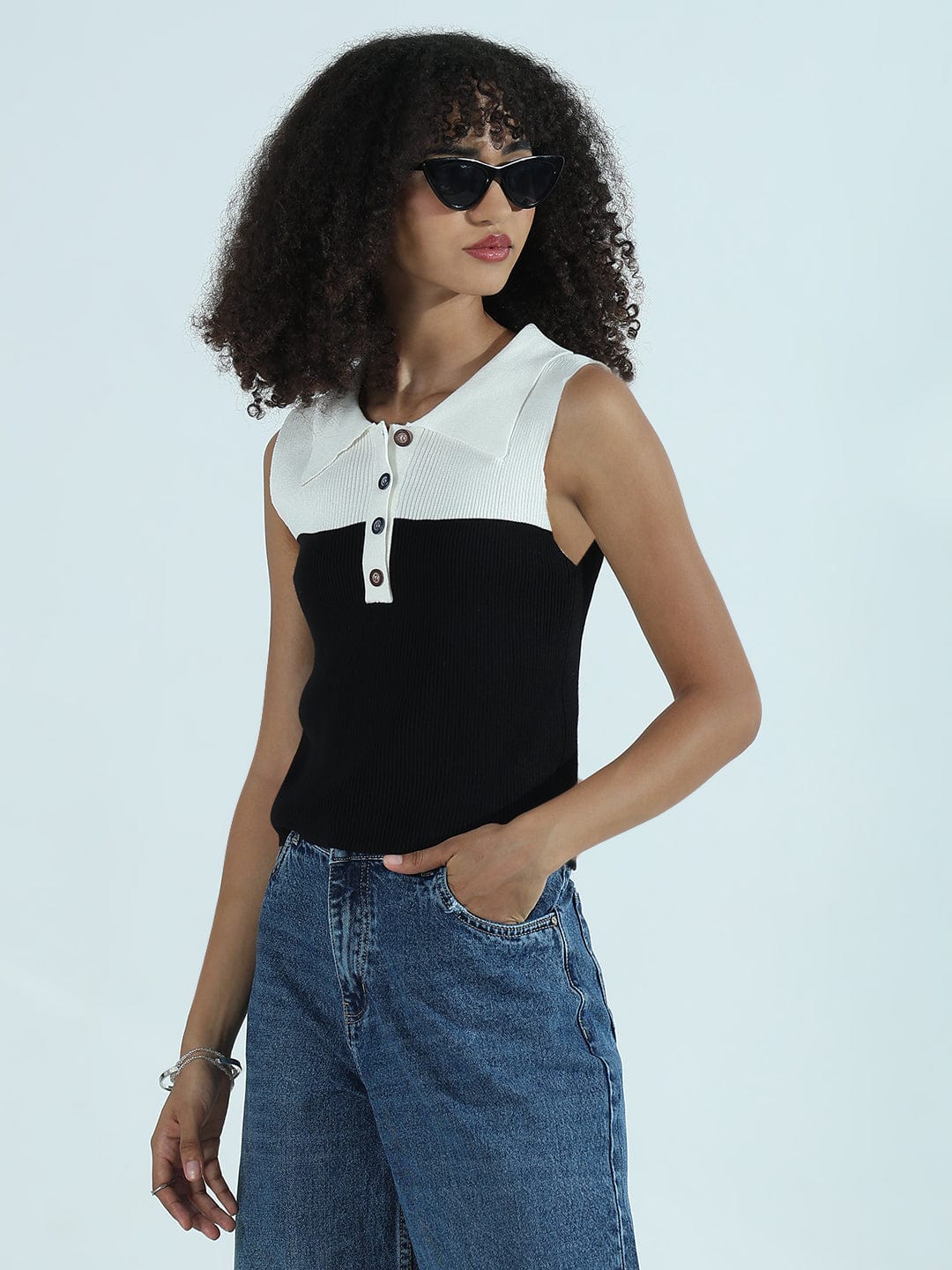Women's Ribbed Colourblocked Black Vest Top with Spread Collar