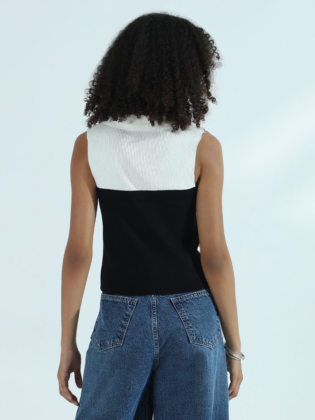 Women's Ribbed Colourblocked Black Vest Top with Spread Collar