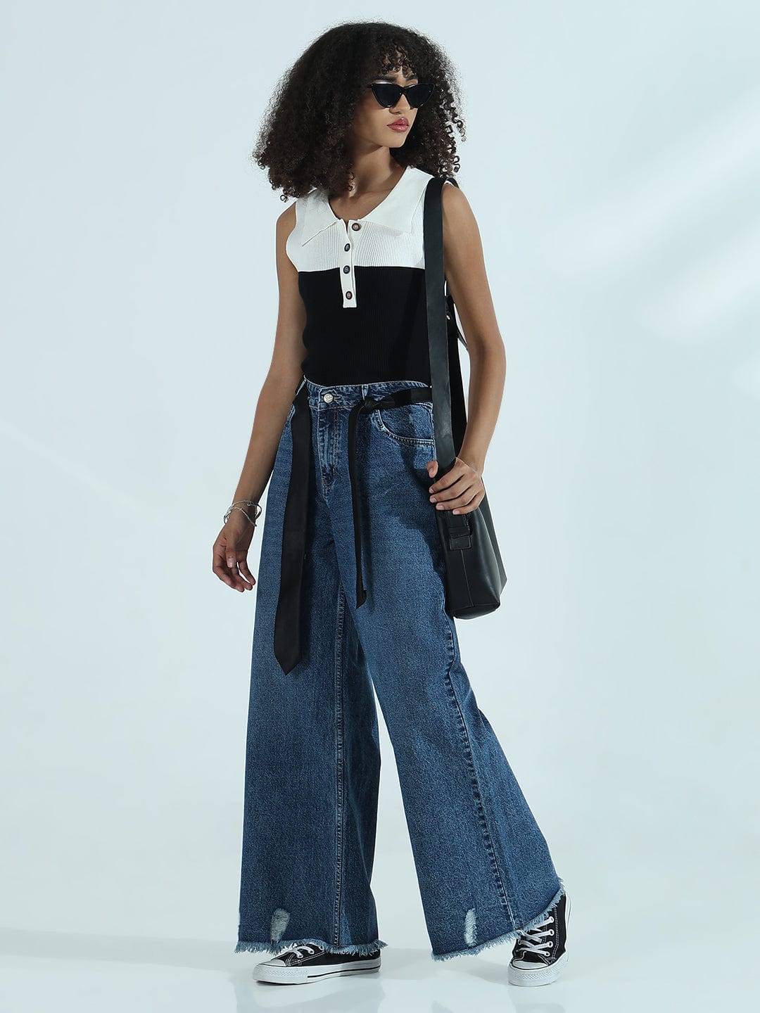 Women's Ribbed Colourblocked Black Vest Top with Spread Collar