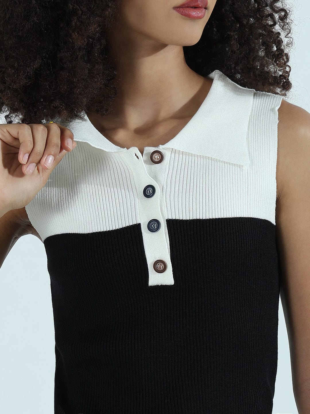 Women's Ribbed Colourblocked Black Vest Top with Spread Collar