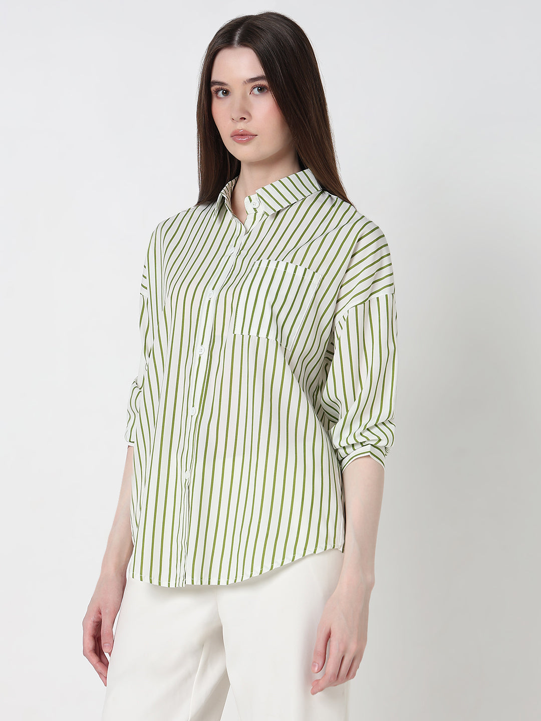 Women's Pinstripes Green Oversized Fit Shirt with Chest Pocket