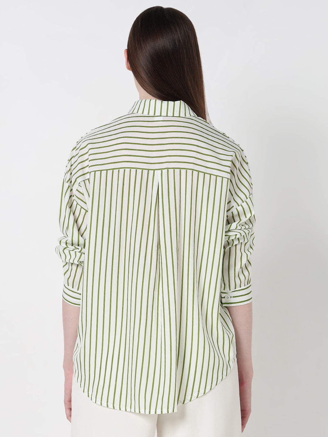 Women's Pinstripes Green Oversized Fit Shirt with Chest Pocket