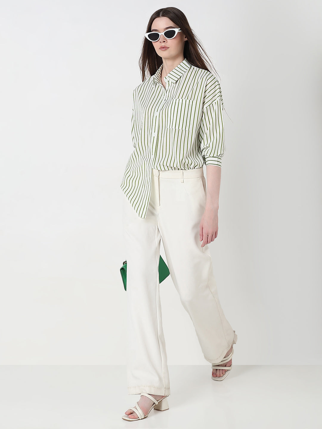 Women's Pinstripes Green Oversized Fit Shirt with Chest Pocket