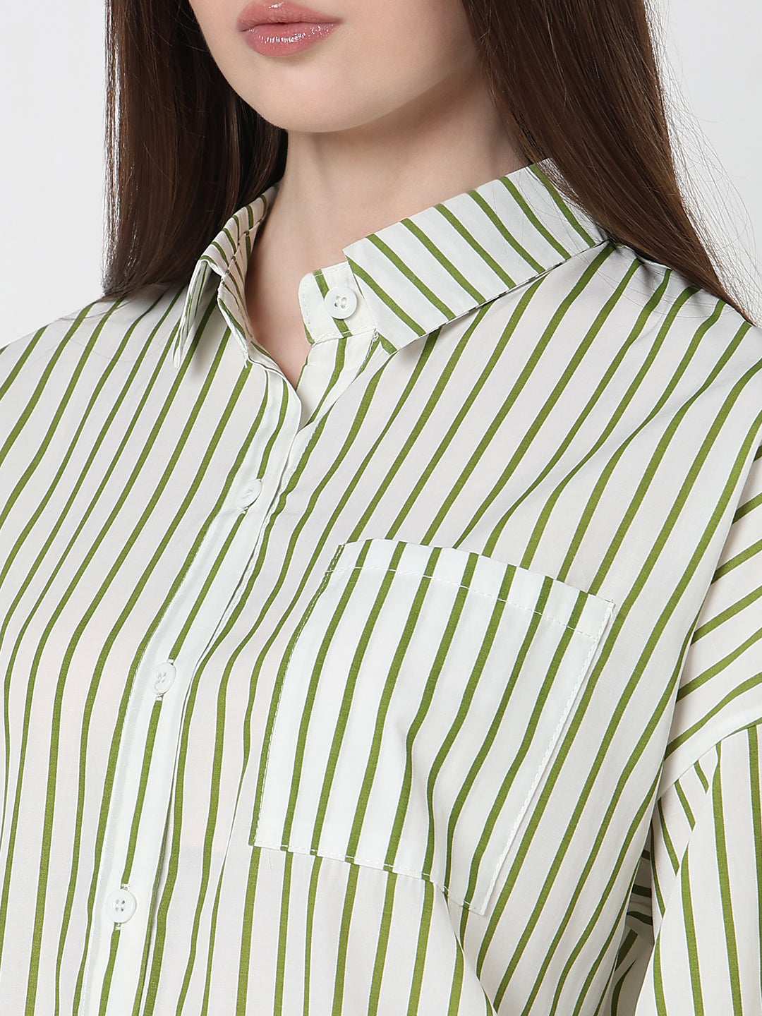 Women's Pinstripes Green Oversized Fit Shirt with Chest Pocket
