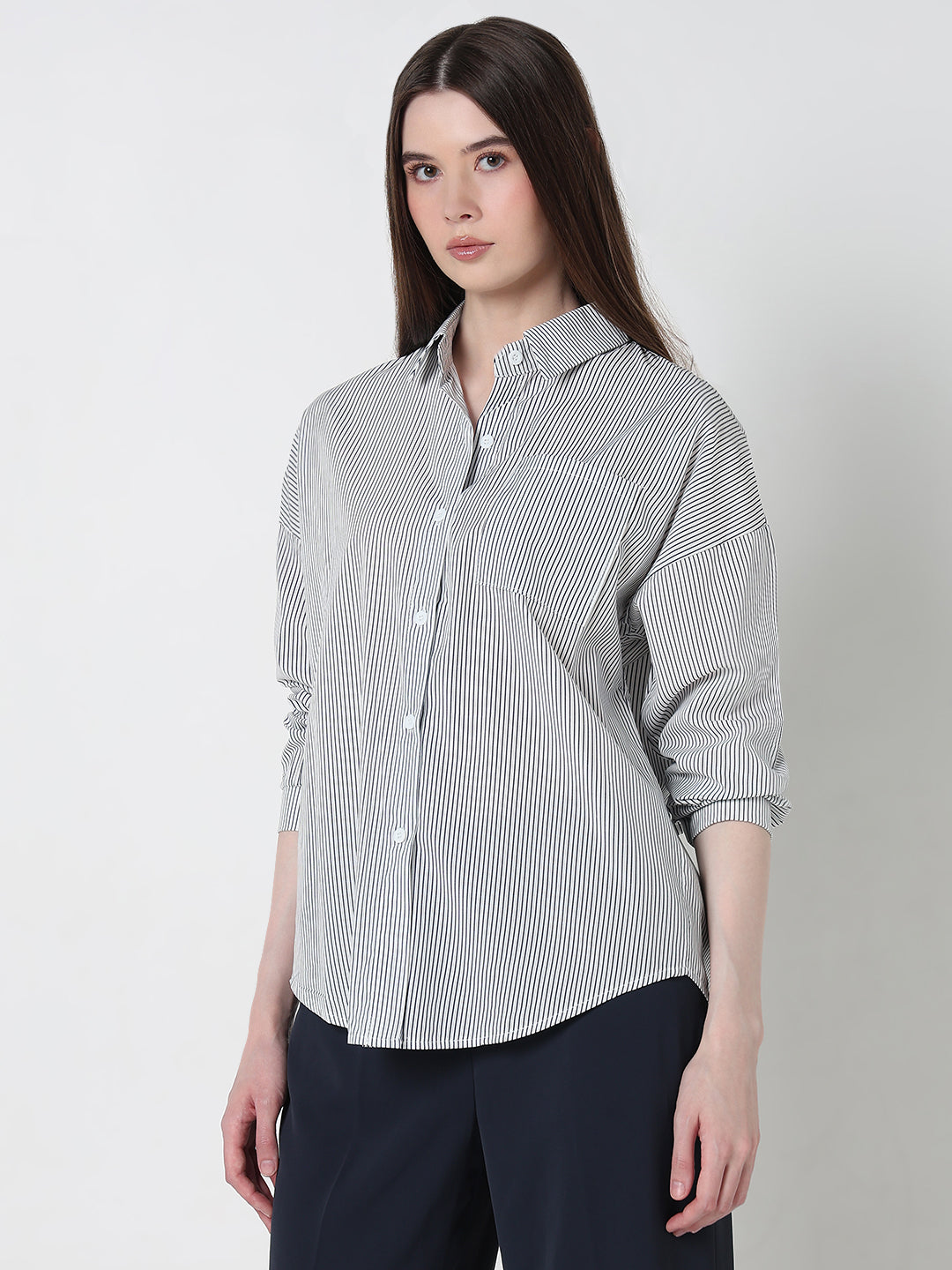 Women's Pinstripes Blue Oversized Shirt with Chest Pocket